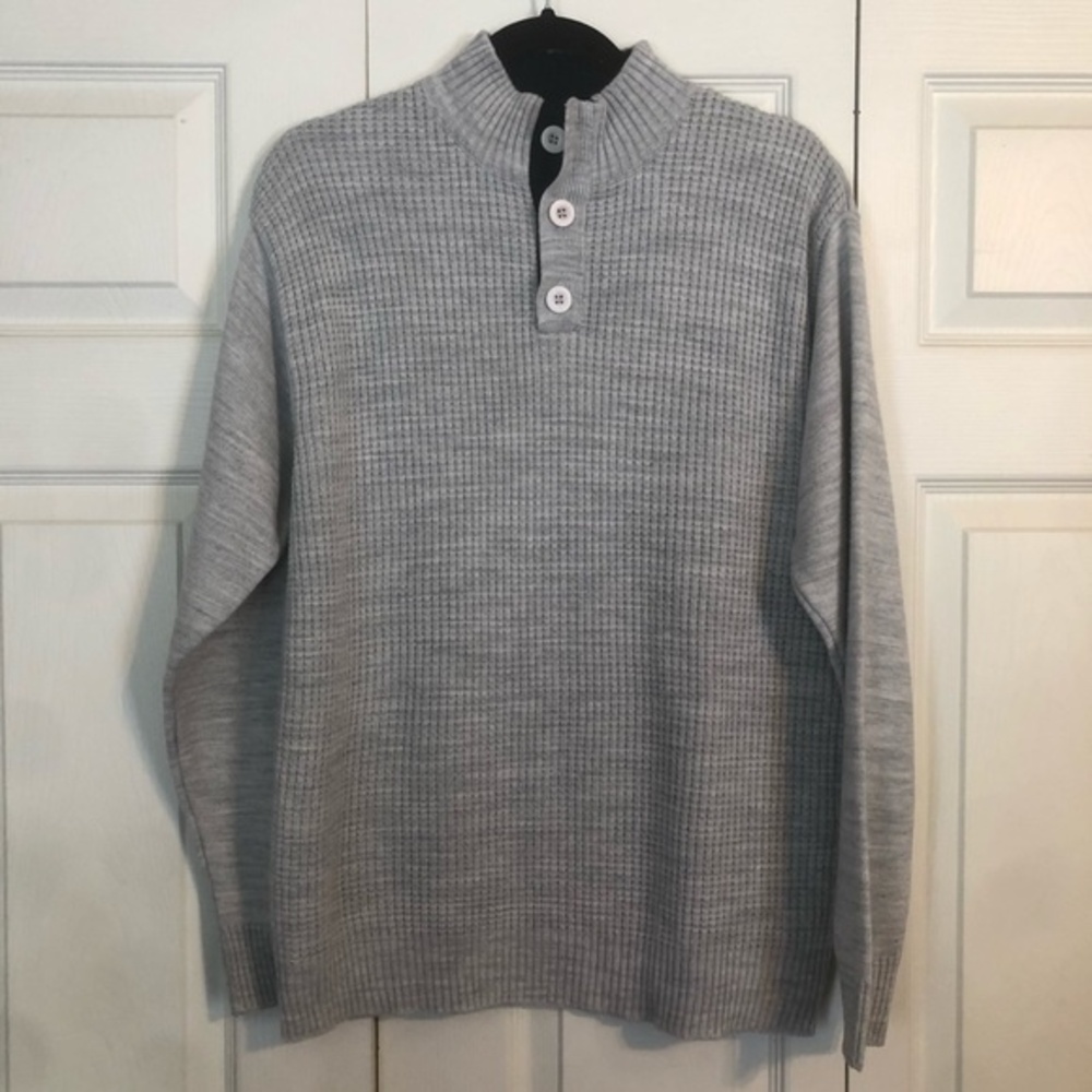 CANTABIL Italy 40 Gray Henley Sweater Navy Blue Waffle Knit Mock Neck Soft Cozy